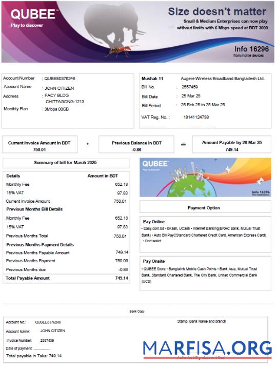 Realistic Bangladesh Qubee utility bill template in Word and PDF formats
